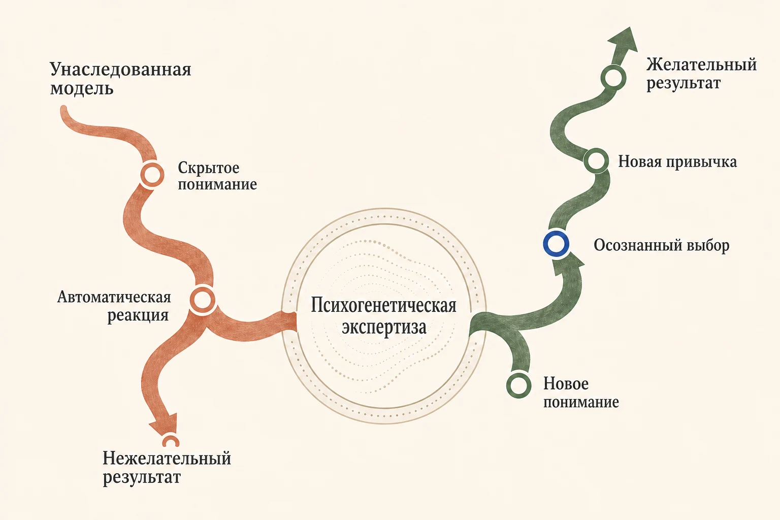 Схема переобучения в ИМТ: унаследованная модель приводит через скрытое понимание и автоматическую реакцию к нежелательному результату; психогенетическая экспертиза открывает путь через новое понимание, осознанный выбор и новую привычку к желательному результату.