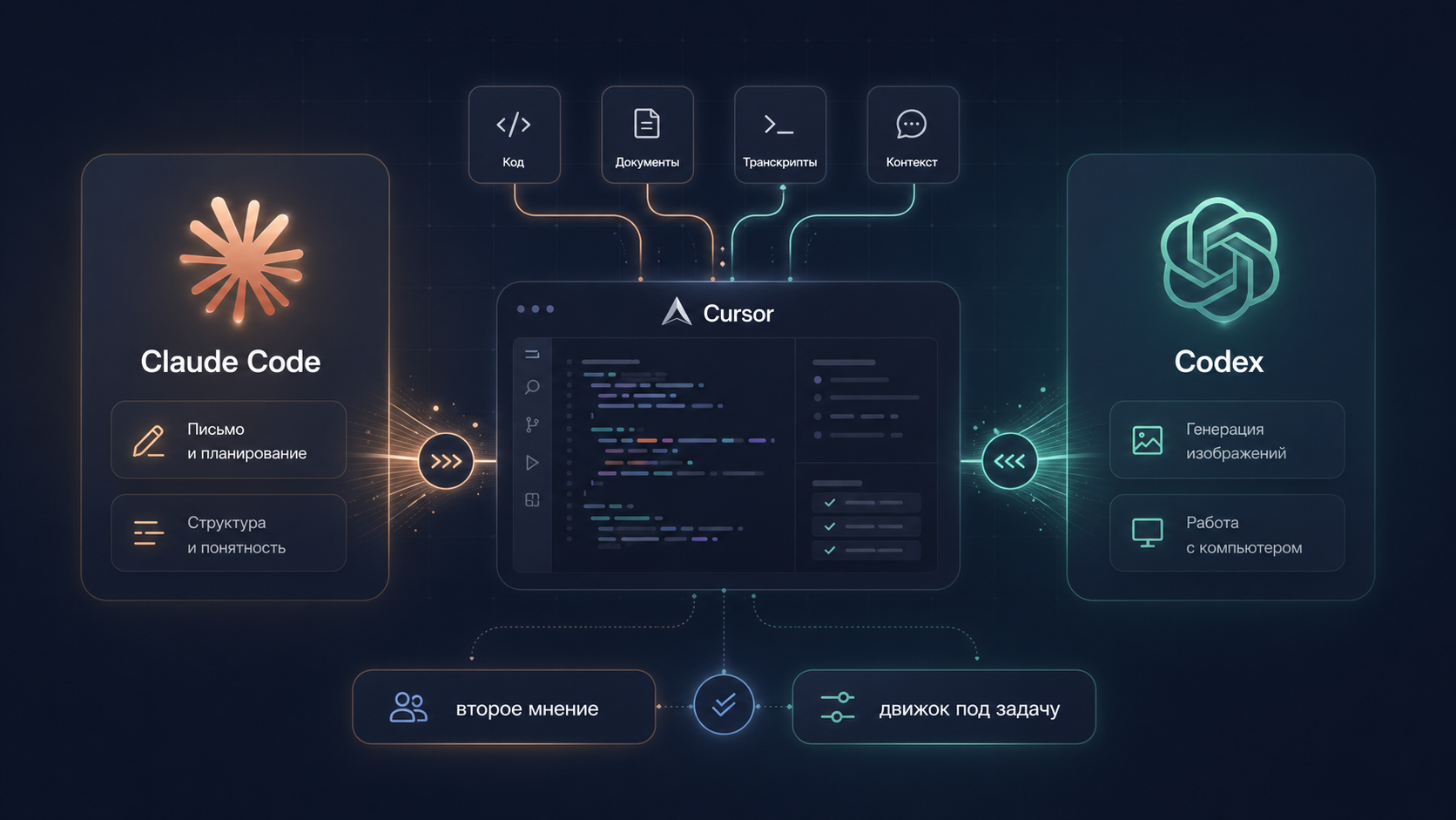 Claude Code и Codex как два AI-движка, подключенные к одному рабочему процессу в Cursor