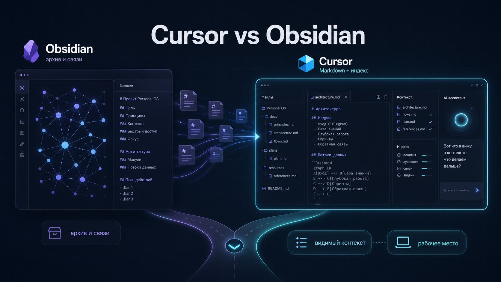 Сравнение Obsidian как архива связей и Cursor как рабочего места с видимым контекстом